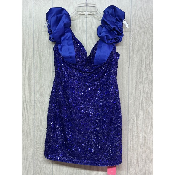 SHEIN Dresses & Skirts - SHEIN Royal Blue Sequin Mini Dress Ruffled Satin Straps V-Neck Size 6 NEW